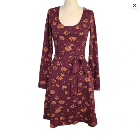 Pact Long Sleeve Midi Dress S Organic Cotton Floral Plum Pockets Belt Boho Fall - Picture 1 of 9